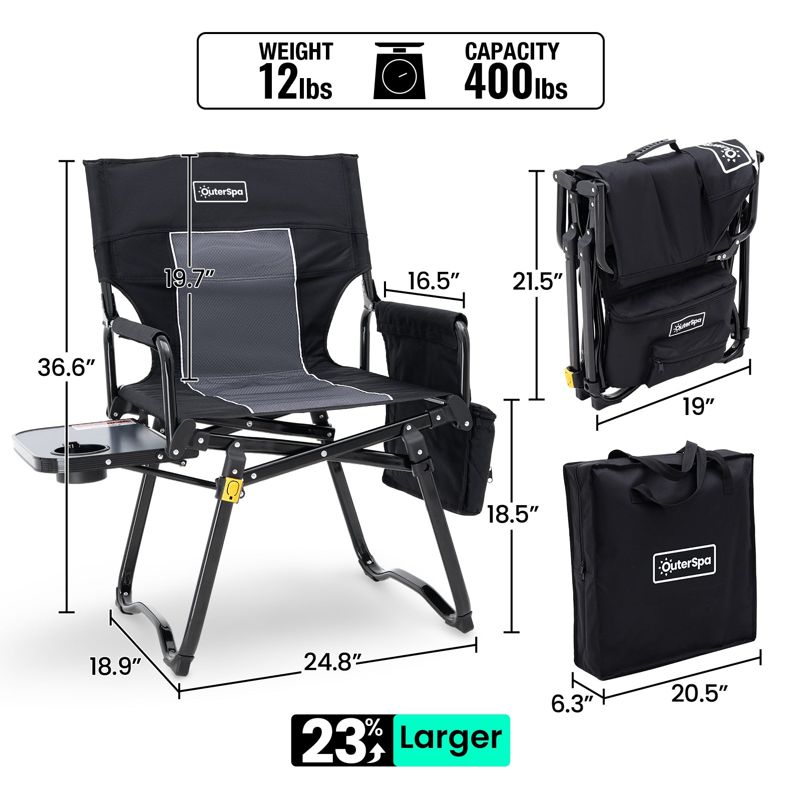 OuterSpa Directors Camping Chair, Support 400 lbs