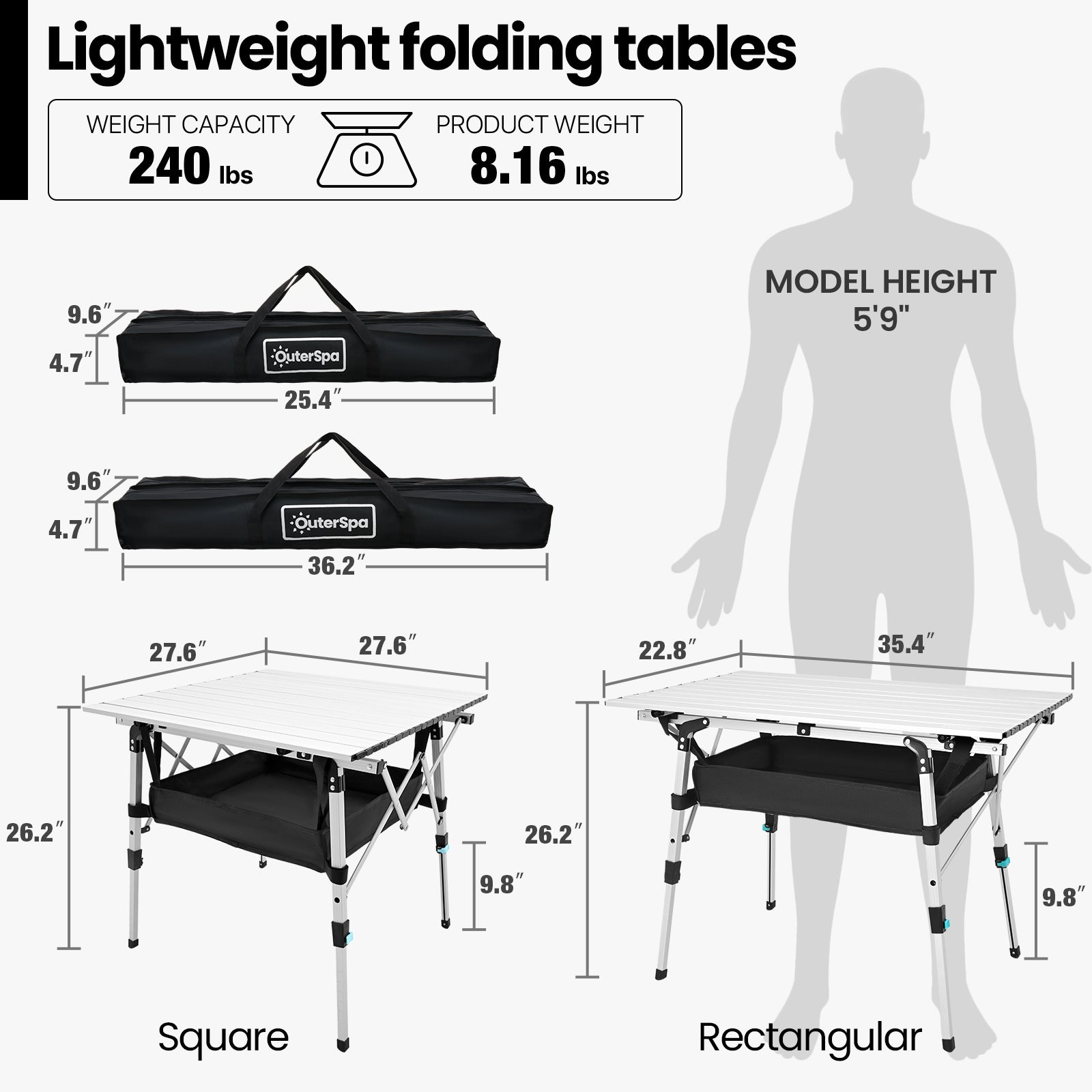 OuterSpa Portable Camping Table, Rectangular 36"*23"